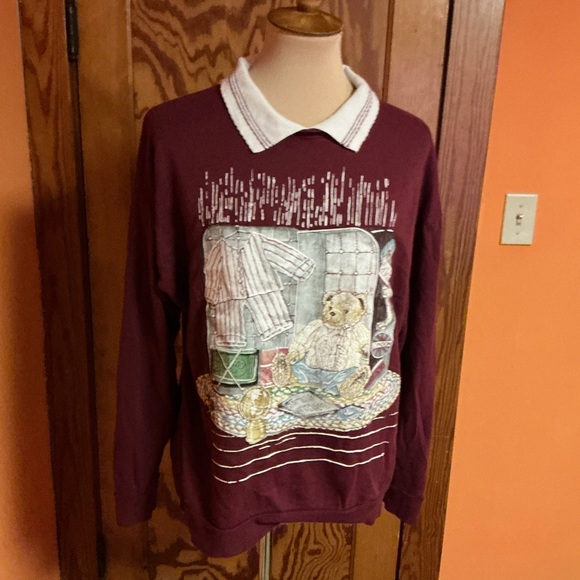 Vintage Teddy Bear Graphic Collared Sweatshirt Burgundy Cottagecore Top - Picture 8 of 12